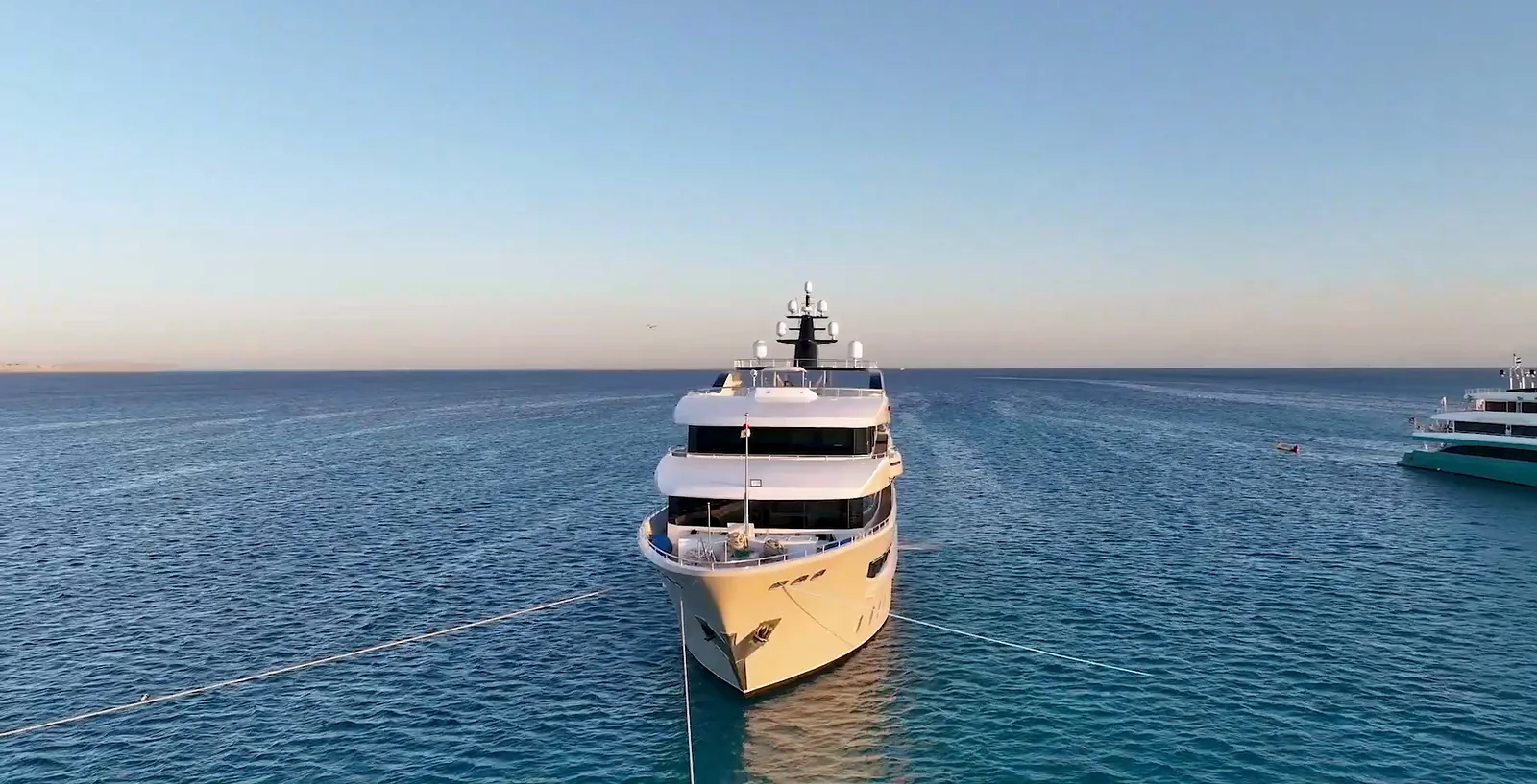 The safari yacht at anchor on open water